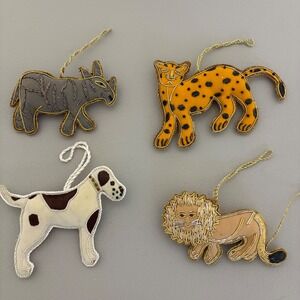 4 Beaded Animal Ornaments Lion Cheetah Dog‎ Rhino Safari Themed Holiday Decor